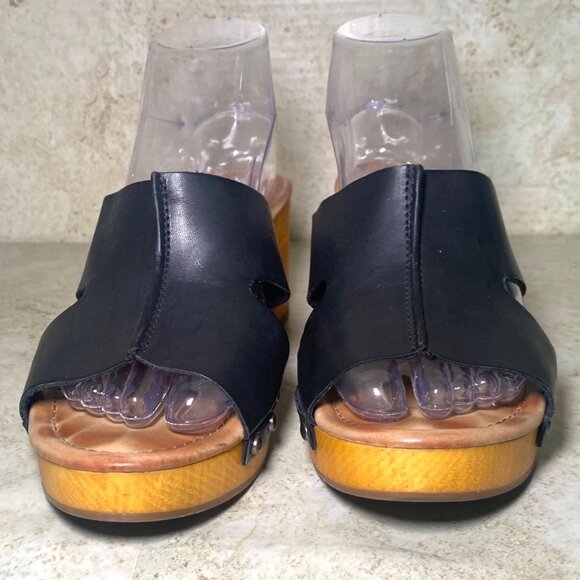 Mia Merel Black Faux Leather Open-Toe Sandals Wood Like Platform Heel Size 7 - Picture 2 of 9